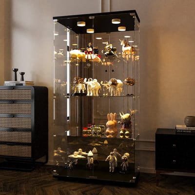 Vitrinekast met LED-verlichting – glazen vitrinekast met 2 deuren en slot – 4 planken display kast van gehard glas – zwart vitrinekast voor verzamelobjecten, figurines en decoratie