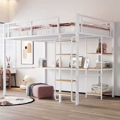 MODFU Hoogslaper 140x200 cm – Met Bureau & Planken – Veiligheidsladder met Brede Treden – Ruimtebesparend Bed – Wit Metaal/MDF