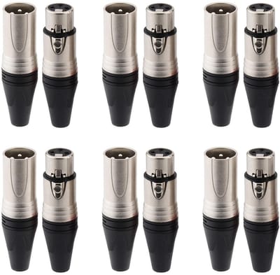 12 stuks XLR-connectoren 3-pins - 6 paar mannelijke/vrouwelijke audiomicrofoon DMX-stekkeraansluitingen met zwarte behuizing, vernikkeld koper, soldeertype