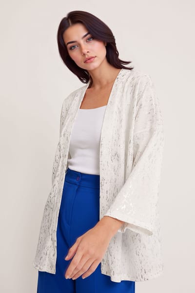 Geprinte Pompom Trim Schouderkraag Kimono
