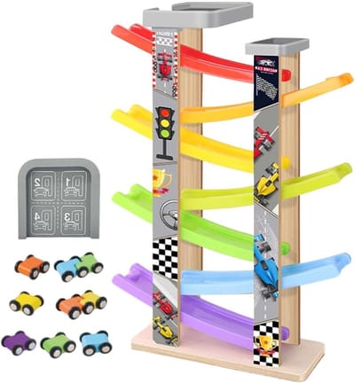 Houten Racebaan - Autobaan Speelgoed - Kind Ontwikkeling - Zeven Niveaus - 44 cm Hoog - Multicolor