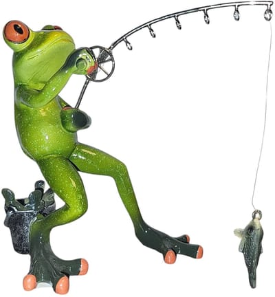 Kikker sculptuur - Visser met beet - Vis binnen halen - 14 cm hoog - Polyresin