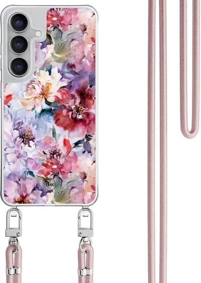 Telefoonhoesje met koord geschikt voor Samsung S25 FE - Bloemen acryl - Inclusief Rosegoud koord - Transparant, Multi - Bloemen - Crossbody beschermhoes - Met Telefoonketting