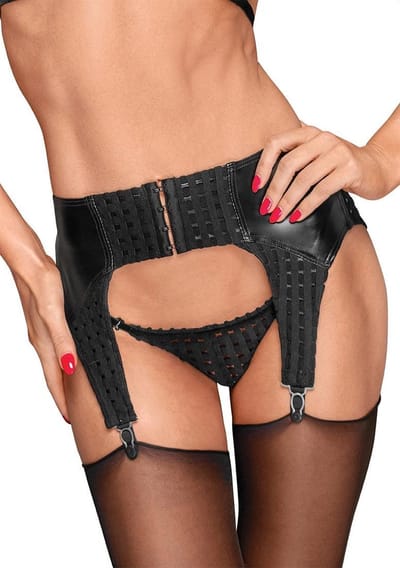 LINGERIE OUTLET Wetlook checkered garterbelt - Black black XXL