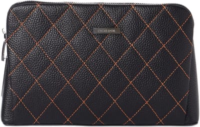 Monarch Unisex Leren Tas met Vingerafdrukslot – Anti-Diefstal – Zwart – Fingerprint Technologie – Diamantstiksel met Oranje Accenten