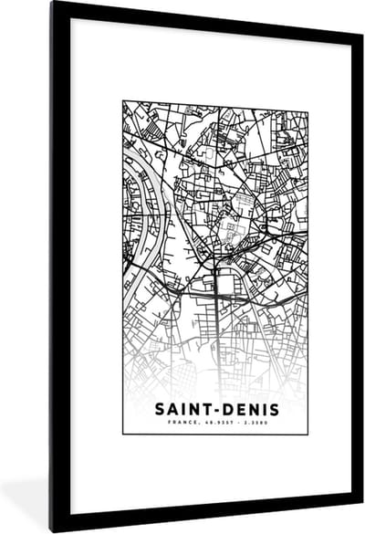 Fotolijst incl. Poster Zwart Wit- Plattegrond - Kaart - Frankrijk - Saint-Denis - Stadskaart - Zwart wit - 60x90 cm - Posterlijst