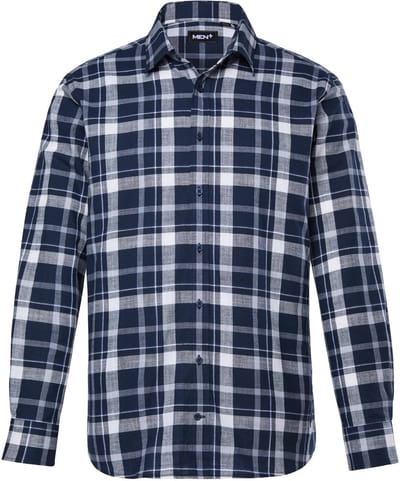 Men Plus - Heren - Geruit overhemd in linnenlook lange mouwen kentkraag - Navy blauw - Maat XL