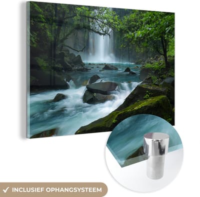 ® Glasschilderij 180x120 cm - Schilderij acrylglas - Helderblauwe wilde rivier en watervallen in het regenwoud van Costa Rica - Foto op glas - Muurdecoratie woonkamer - Wanddecoratie slaapkamer - Schilderijen