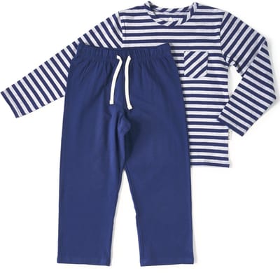Little Label - jongens pyjama - blauw gestreept - 4Y/96-104 - Zachte BIO Katoen