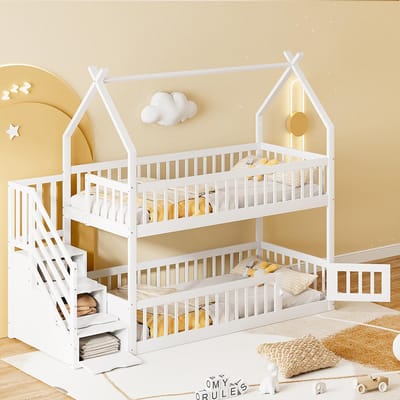Pugsdrly Stapelbed voor kinderen 90 x 200 Massief houten bed met dak, veiligheidsladder en opberglades, opbergruimte Eenpersoonsbed wit