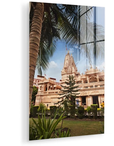 ® Glasschilderij 120x180 cm - Schilderij acrylglas - De bekende Swaminarayan-tempel van Rajkot in India - Foto op glas - Muurdecoratie woonkamer - Wanddecoratie slaapkamer - Schilderijen