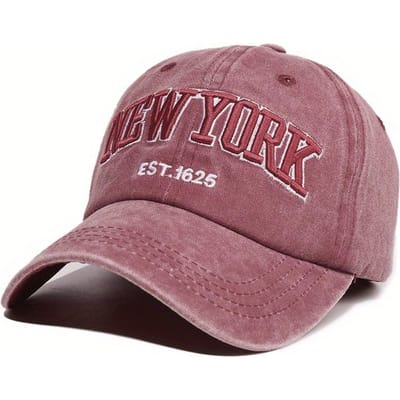 1 pièce Casquette de baseball brodée New York Unisexe, Chapeaux vintage délavés usés pour Femmes et Hommes bordeaux