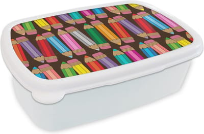 Broodtrommel Wit - Lunchbox - Brooddoos - Potlood - Patronen - Abstract - Regenboog - 18x12x6 cm - Volwassenen