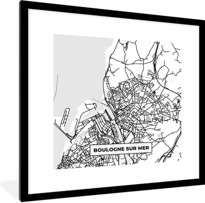 Fotolijst incl. Poster Zwart Wit- Boulogne sur Mer - Stadskaart - Plattegrond - Kaart - Frankrijk - Zwart wit - 40x40 cm - Posterlijst