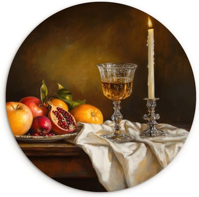 WallCircle® Wandcirkel 120x120 cm - Muurcirkel Fruit - Stilleven - Wijn - Kaars - Muurdecoratie woonkamer - Wanddecoratie slaapkamer - Kamer decoratie accessoires - Ronde schilderijen XXL