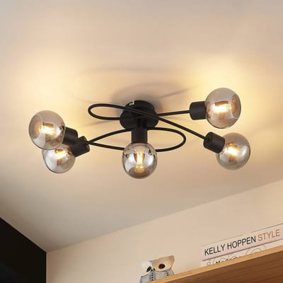 Lindby - plafondlamp - 5lichts - Ijzer, glas - H: 19 cm - E14 - zwart, rook