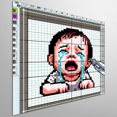 Pixel art huilend kind schilderij | Verdrietig kind in digitale tranen; een emotioneel pixelkunstwerk | Kunst - 30x30 centimeter op Dibond | Foto op Dibond