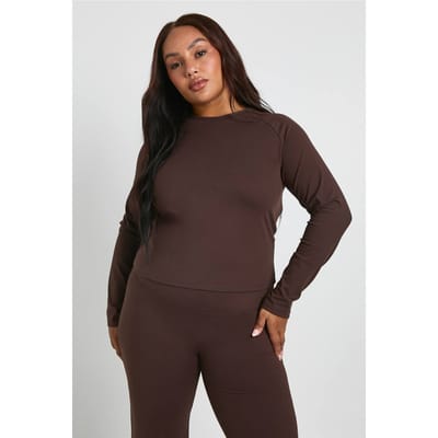 boohoo Dames Plus Supersoft Top met Naaddetail en Lange Mouwen | Coffee | Maat: 16