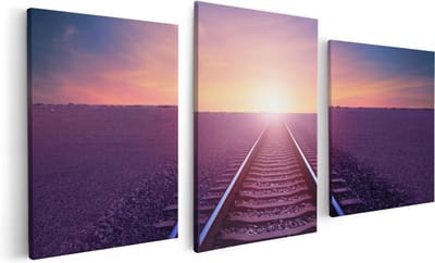 Artaza Canvas Schilderij Drieluik Rails Spoorweg In De Woestijn Bij Zonondergang - 120x60 - Foto Op Canvas - Canvas Print