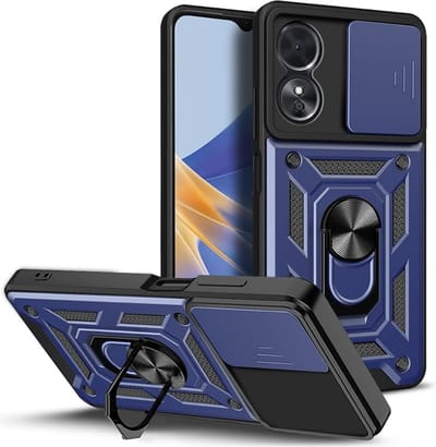 Geschikt voor Oppo A98 Hoesje met Camera Slider en Kickstand Ring - Blauw
