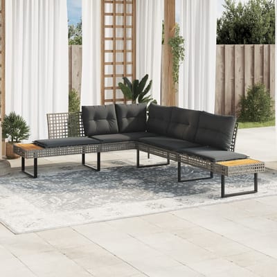 vidaXL - Tuinbank - met - kussens - L-vormig - poly - rattan - en - acaciahout - grijs