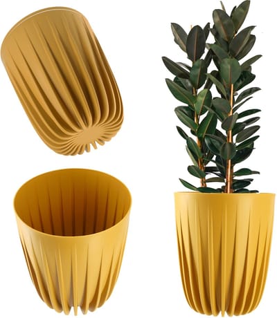 KADAX Bloempot van kunststof, moderne plantenpotten, plantenpot met geometrisch patroon, ronde bloempot met inzetstuk, natuurlijke outdoor bloempot, hoge bloempot (diameter 25 cm, donkergeel)