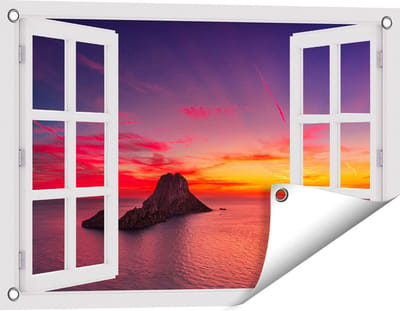 Gards Tuinposter Doorkijk Ibiza Rotsen Eiland bij Zonsondergang - 60x40 cm - Tuindoek - Tuindecoratie - Wanddecoratie buiten - Tuinschilderij
