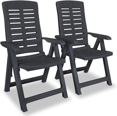 Verstelbare tuinstoelen, 2 stuks, van kunststof in antraciet, weerbestendig zitmeubel met 4-voudige kantelfunctie en inklapmechanisme voor terras en balkon, licht en stabiel