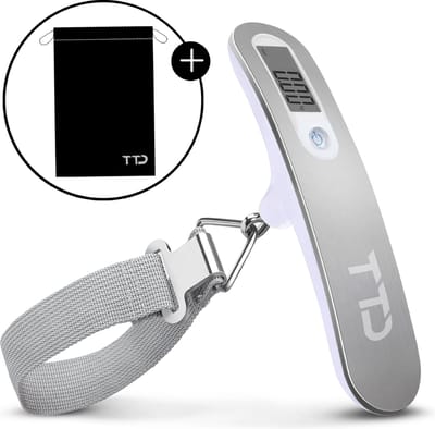 TTD® Kofferweegschaal met Travel Bag - Weegcapaciteit 50 kg - Bagageweegschaal - Bagageweger - Hangweegschaal - Digital Luggage Scale - Kofferweger - Reizen met Vliegtuig - kg/g/lbs/oz - Inclusief Batterijen - Wit