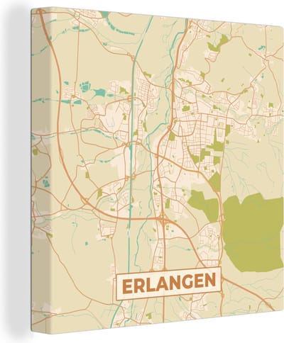 Canvas Schilderij Plattegrond - Erlangen - Vintage - Kaart - Stadskaart - 20x20 cm - Wanddecoratie