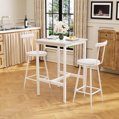 Pugsdrly Barmafel en krukken set, eettafel met twee stoelen met voetkussens, metalen frame, bartafel set in industriële stijl, geschikt voor eetkamer, woonkamer enz., wit. 60 cm * 60 cm * 92 cm