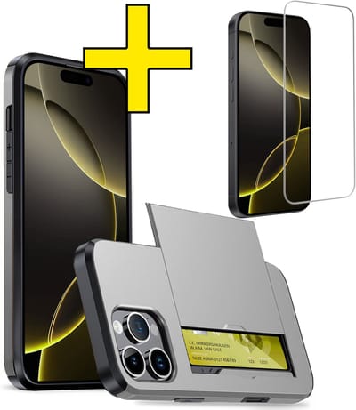 Hoesje Geschikt voor iPhone 16 Pro Hoesje Case Pashouder Hard Cover Met Screenprotector - Hoes Geschikt voor iPhone 16 Pro Hoesje Met Kaarthouder - Grijs