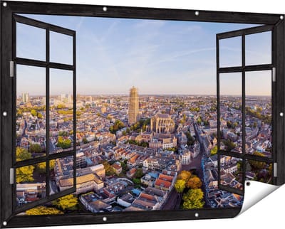 Gards Tuinposter Doorkijk Utrecht vanuit de Lucht - 150x100 cm - Tuindoek - Tuindecoratie - Wanddecoratie buiten - Tuinschilderij