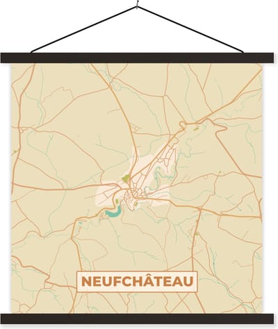 Posterhanger incl. Poster 60x60 cm - Schoolplaat - Neufchâteau - Vintage - Plattegrond - Stadskaart - Kaart - Textielposter - Zwarte latten - Stadskaart