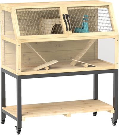 Merax Houten Hamsterkooi met Accessoires en Twee Verdiepingen - Klein Knaagdier Kooi met Opbergruimte en Wielen 87x43x101 cm - Bruin met Zwart