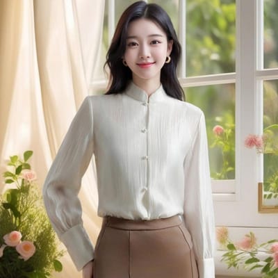Nieuwe Chinese Stijl Top Lente Nieuw Retro Staande Kraag Lange Mouwen Azijnzuur Blouse Temperament High-end Top 3XL