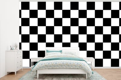 Behang - Fotobehang Schaakbord - Patronen - Zwart Wit - Breedte 345 cm x hoogte 220 cm