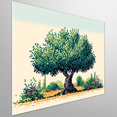 Pixel art olijfboom schilderij | Abstracte pixel perfectie: sprankelende olijfboom in digitale kunstvorm | Kunst - 60x60 centimeter op Forex | Foto op Forex