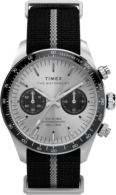 Timex Waterbury Heritage Chronograph Quartz Chronograaf Horloge Zwart En Zilverkleurig Kast Gemaakt Van 100% Roestvrij Staal En Een Armband Van 100% Stof 39 TW2Y35500AJ