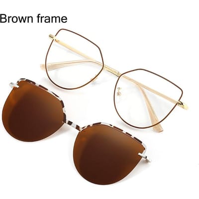 Nouvelle Mode Lunettes 3 en 1 Monture Métallique Oeil de Chat Lunettes Anti-Lumière Bleue avec 1 Paire de Verres de Lunettes de Soleil Magnétiques à Clipser brown