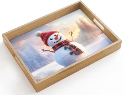 Dienblad hout 40x30 cm - Schootdienblad - Sneeuwpop - Zonsondergang - Wit - Borrelplank rechthoek - Plateau dienbladen