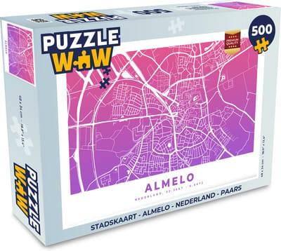 Puzzel Stadskaart - Almelo - Nederland - Paars - Legpuzzel - Puzzel 500 stukjes - Plattegrond