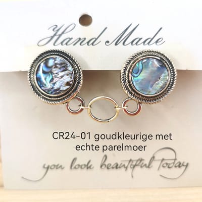 Vestsluiting - clip met ring in midden - parelmoer edelsteen - voor - vest - Gehaakt omslagdoek - sjaal - in kleur antiek goud look.