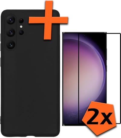 Hoes - Met 2x Screenprotector - Geschikt voor Samsung Galaxy S23 Ultra - Sterk & Shockproof - Back Cover - Siliconen Case - Telefoon Hoes - Zwart