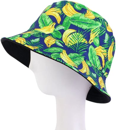 Bucket Hat - Omkeerbaar Vissershoedje - Dubbellaags - Bananen Blauw - Reversible naar Zwart - Maat 58 cm - Heren - Dames - Festival Accessoire - Festivalhoedje - Regenhoedje - Zonnehoedje - Emmerhoed - Hoed - Unisex