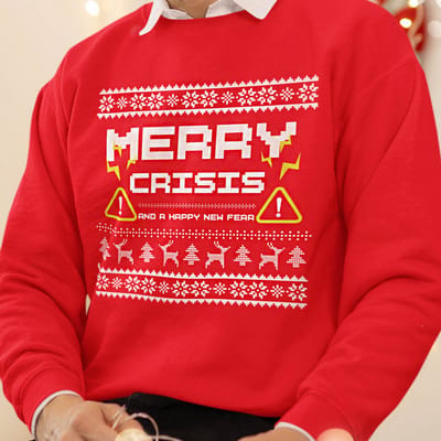 Foute Kerst Trui Rood Merry Crisis & A Happy New Fear XS