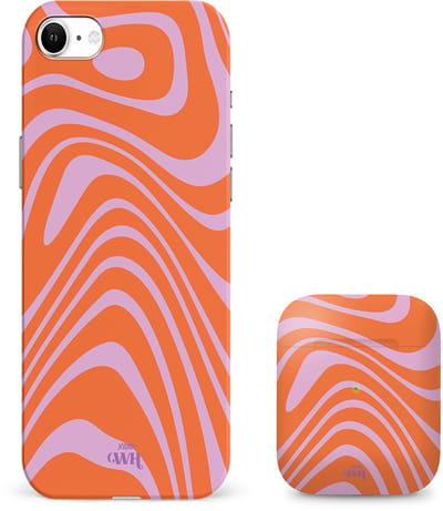 xoxo Wildhearts siliconen hoesje + AirPods 1/2 hoesje - Geschikt voor iPhone 7/8/SE (2020/2022) en AirPods 1 en 2 - Boogie Wonderland Orange - Single layer telefoonhoesje - Oranje - Roze - Hoesje met print