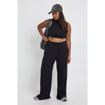 boohoo Dames Plus Rib wijde pijpenbroek | Zwart | Maat: 44