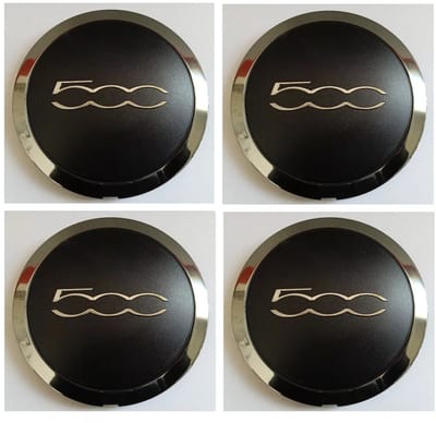SET VAN 4 ZWARTE NAAFDOPPEN MET CHROOMRAND VOOR FIAT 500 VANAF 2007