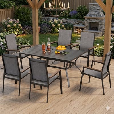 Tuinset 6 Personen 152x96x71 cm – Polyrotan Tuintafel met 6 Stoelen & Verstelbaar Parasolgat – Weerbestendige Dining Set voor Tuin & Terras – Bella